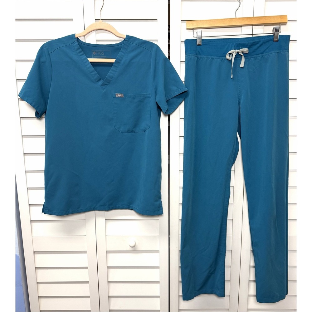 FIGS Catarina One Pocket Top & Livingston Pants Set Women's Size Small Teal